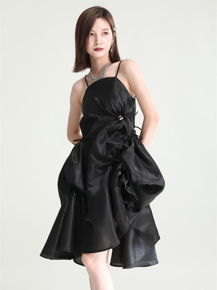 Amida Pillowy Spaghetti Strap Dress - Black