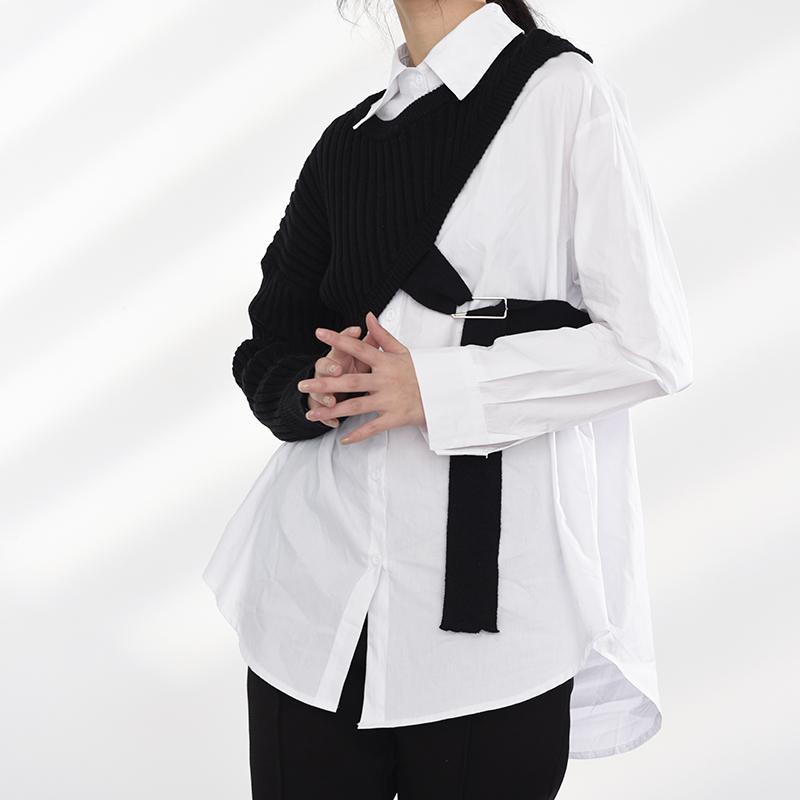 Manami Knitted Long Sleeve Irregular Shirt - Black